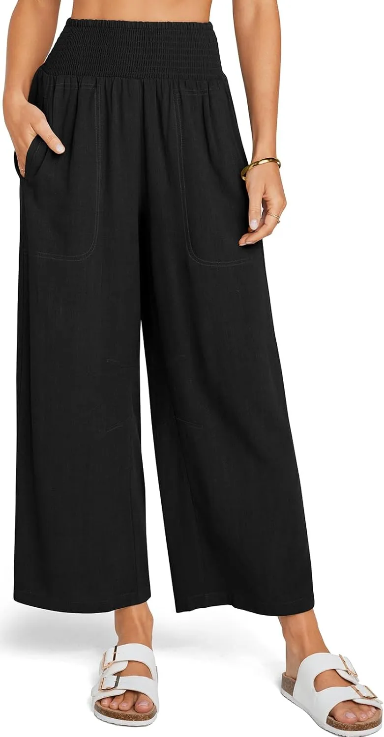 TARSE Women Linen Pants Wide Leg Elastic High Waisted Palazzo Trousers Casual Loose Beach Vacation Clothes with Pockets