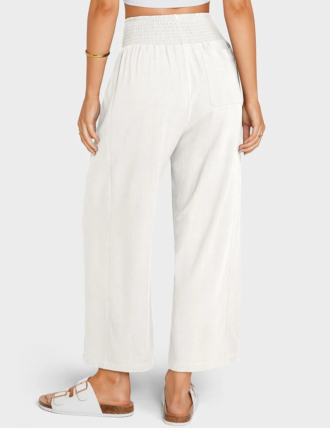 TARSE Women Linen Pants Wide Leg Elastic High Waisted Palazzo Trousers Casual Loose Beach Vacation Clothes with Pockets