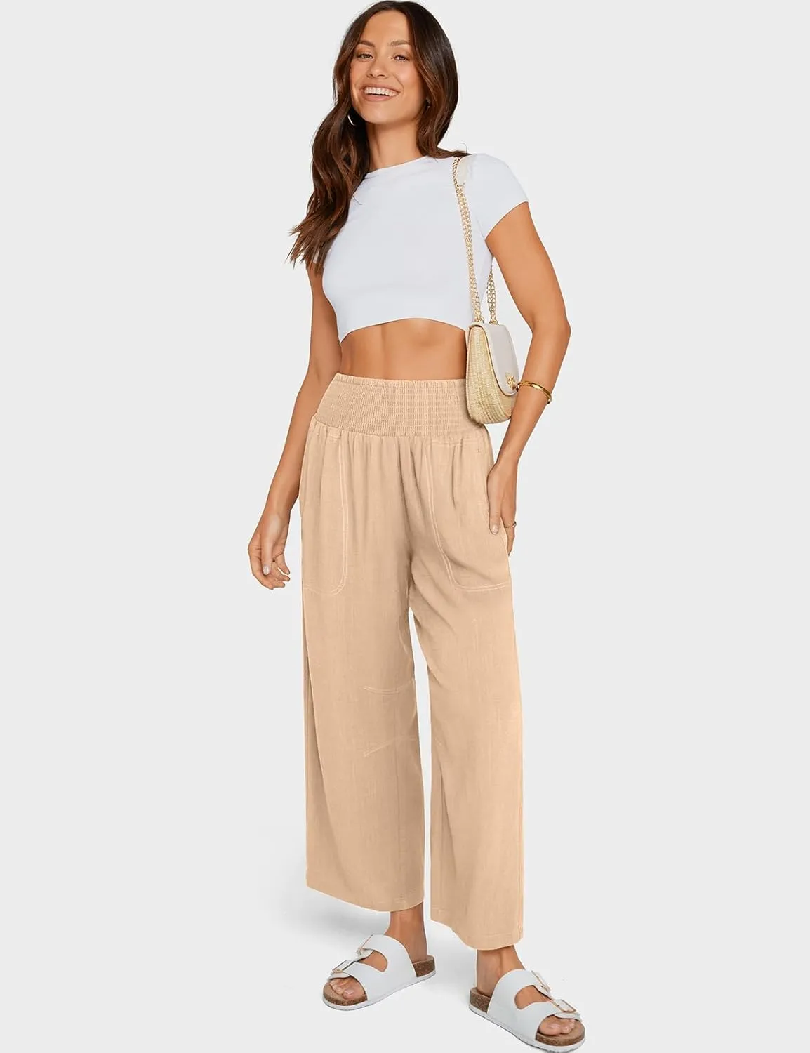 TARSE Women Linen Pants Wide Leg Elastic High Waisted Palazzo Trousers Casual Loose Beach Vacation Clothes with Pockets