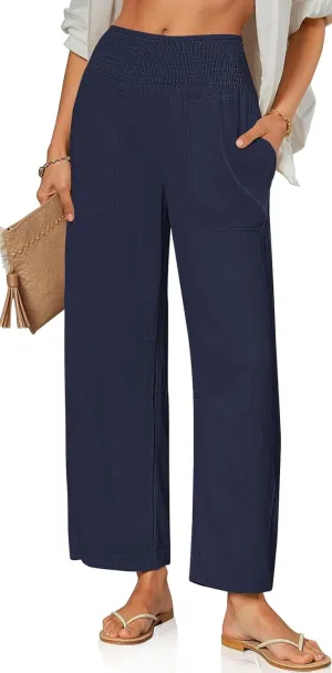 TARSE Women Linen Pants Wide Leg Elastic High Waisted Palazzo Trousers Casual Loose Beach Vacation Clothes with Pockets