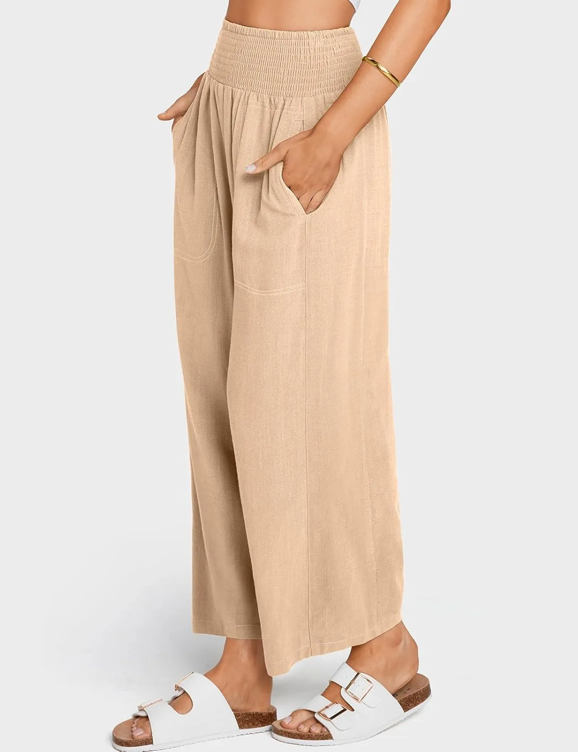 TARSE Women Linen Pants Wide Leg Elastic High Waisted Palazzo Trousers Casual Loose Beach Vacation Clothes with Pockets