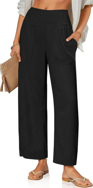 TARSE Women Linen Pants Wide Leg Elastic High Waisted Palazzo Trousers Casual Loose Beach Vacation Clothes with Pockets