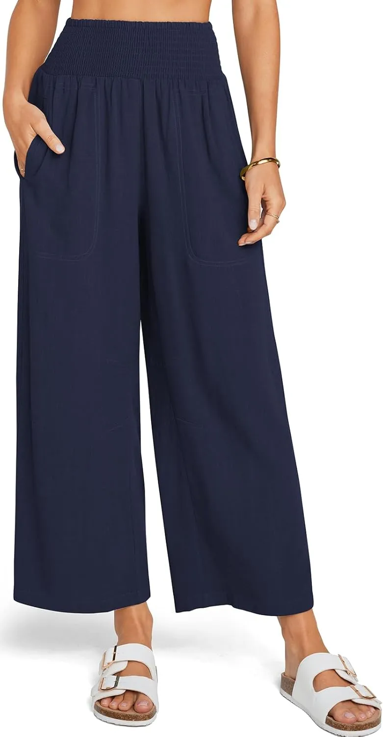 TARSE Women Linen Pants Wide Leg Elastic High Waisted Palazzo Trousers Casual Loose Beach Vacation Clothes with Pockets