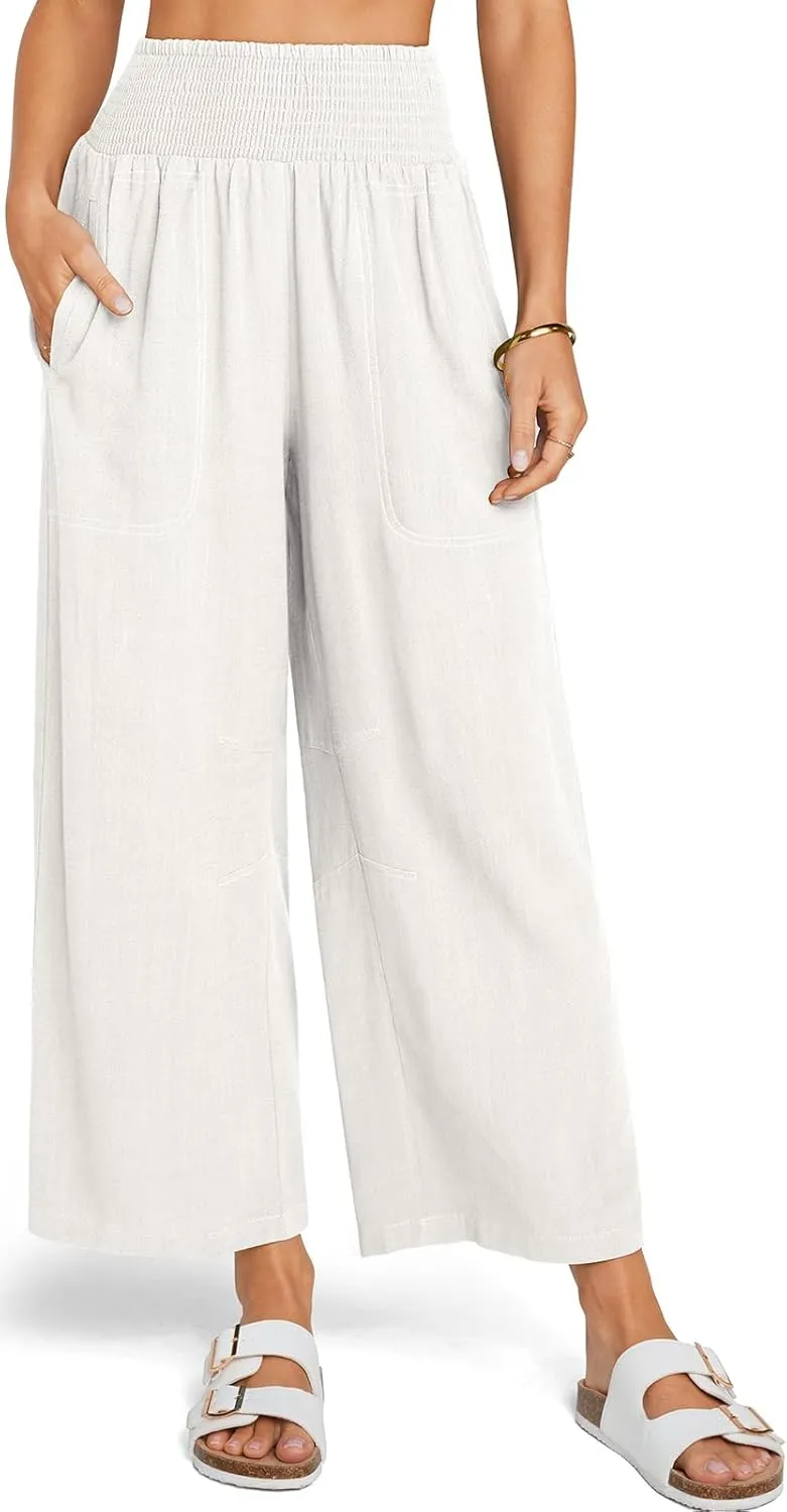 TARSE Women Linen Pants Wide Leg Elastic High Waisted Palazzo Trousers Casual Loose Beach Vacation Clothes with Pockets