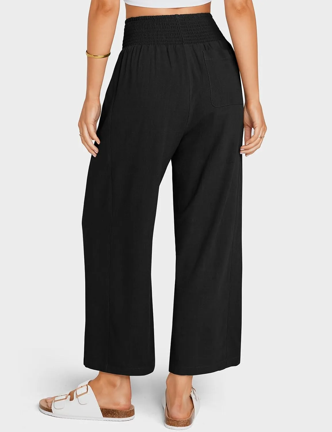 TARSE Women Linen Pants Wide Leg Elastic High Waisted Palazzo Trousers Casual Loose Beach Vacation Clothes with Pockets