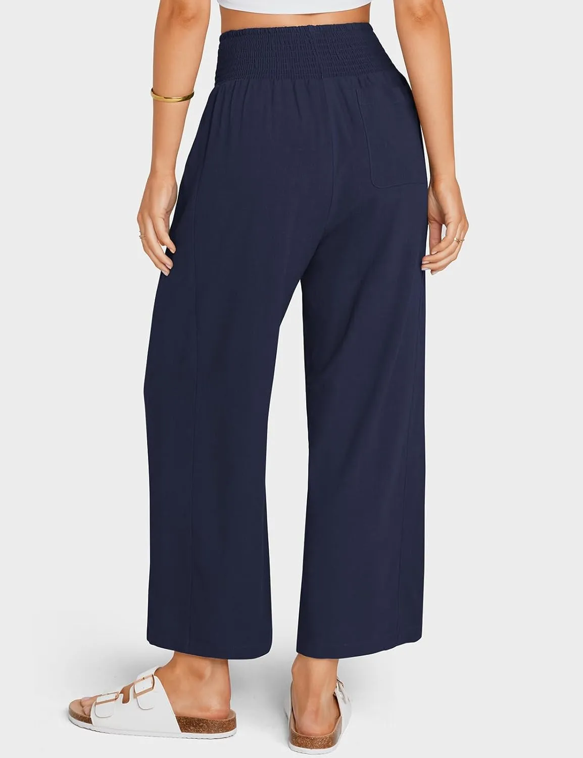 TARSE Women Linen Pants Wide Leg Elastic High Waisted Palazzo Trousers Casual Loose Beach Vacation Clothes with Pockets