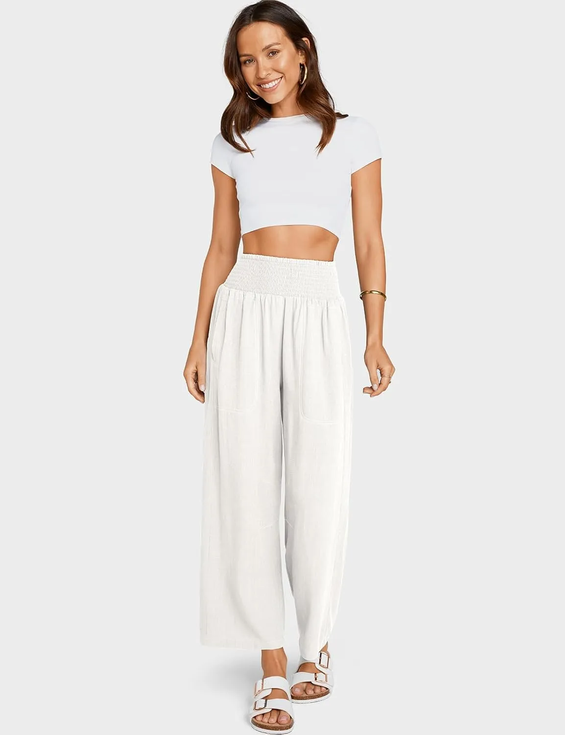 TARSE Women Linen Pants Wide Leg Elastic High Waisted Palazzo Trousers Casual Loose Beach Vacation Clothes with Pockets