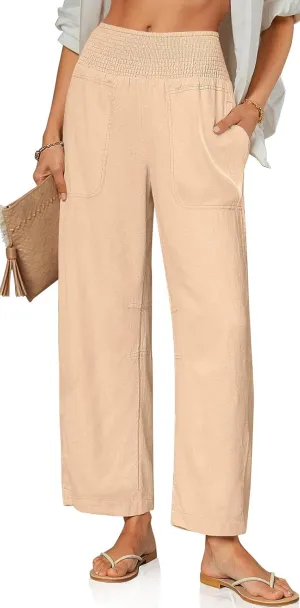 TARSE Women Linen Pants Wide Leg Elastic High Waisted Palazzo Trousers Casual Loose Beach Vacation Clothes with Pockets