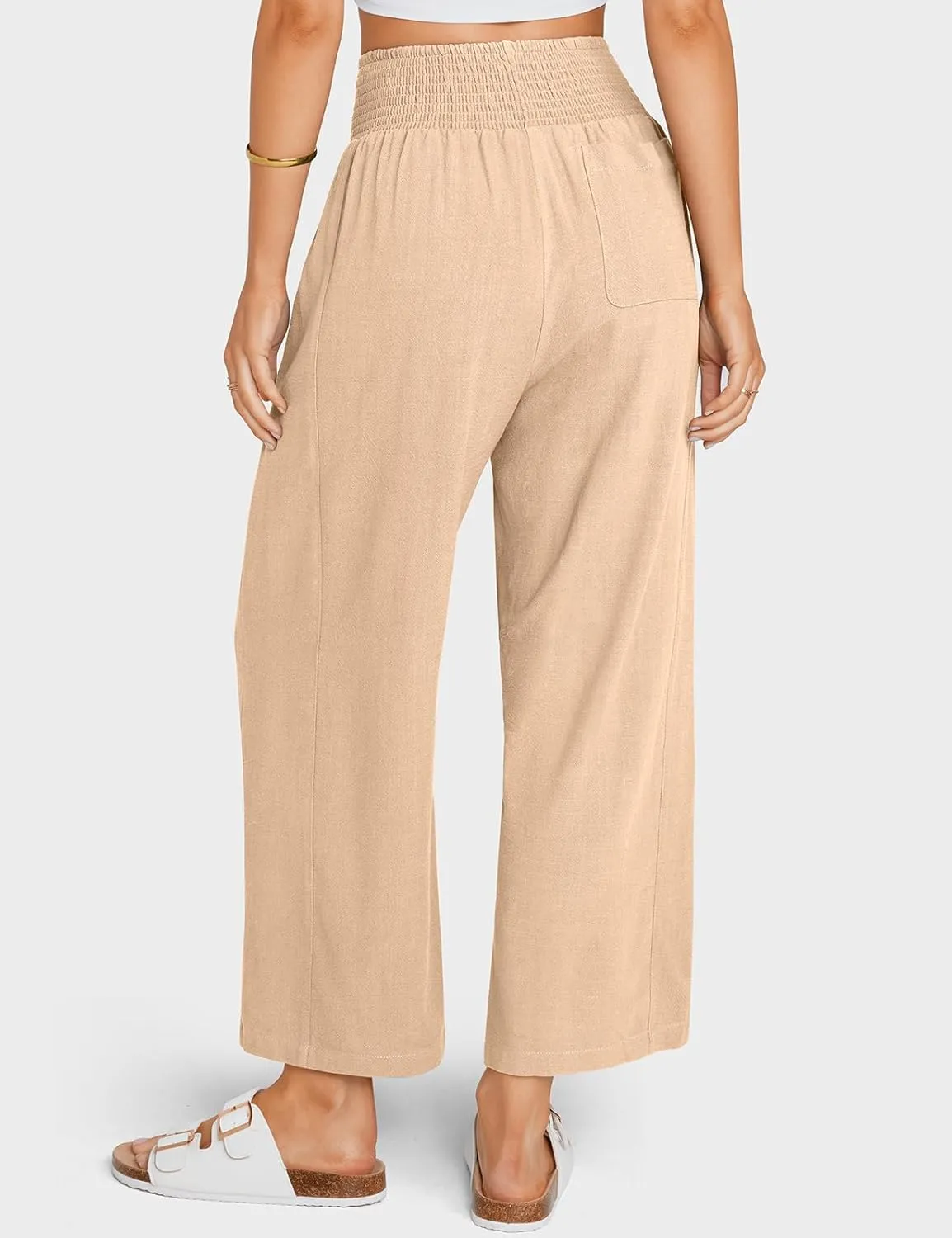 TARSE Women Linen Pants Wide Leg Elastic High Waisted Palazzo Trousers Casual Loose Beach Vacation Clothes with Pockets