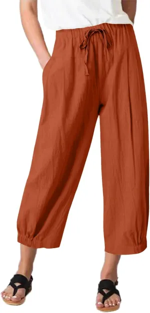 TBA Women's Casual Pants Summer Wide Leg Capris Drawstring Elastic High Waist Cotton Cropped Trousers with Pockets