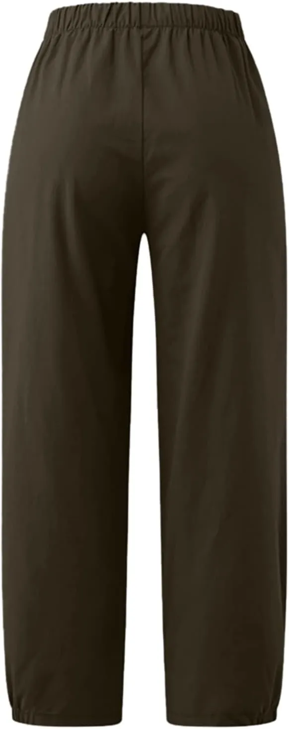 TBA Women's Casual Pants Summer Wide Leg Capris Drawstring Elastic High Waist Cotton Cropped Trousers with Pockets