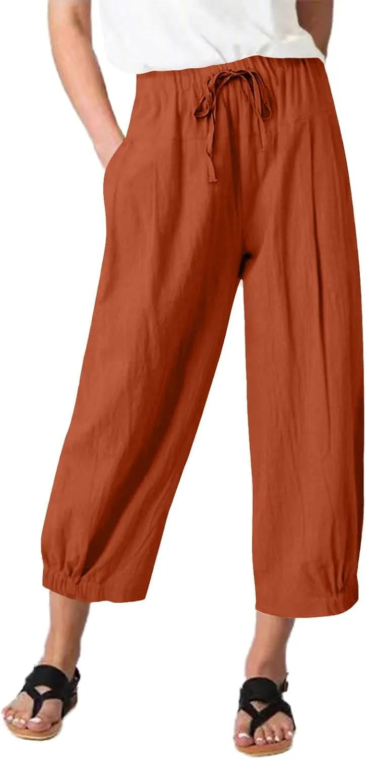 TBA Women's Casual Pants Summer Wide Leg Capris Drawstring Elastic High Waist Cotton Cropped Trousers with Pockets