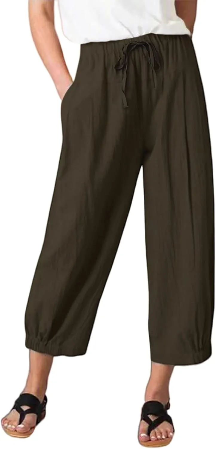 TBA Women's Casual Pants Summer Wide Leg Capris Drawstring Elastic High Waist Cotton Cropped Trousers with Pockets