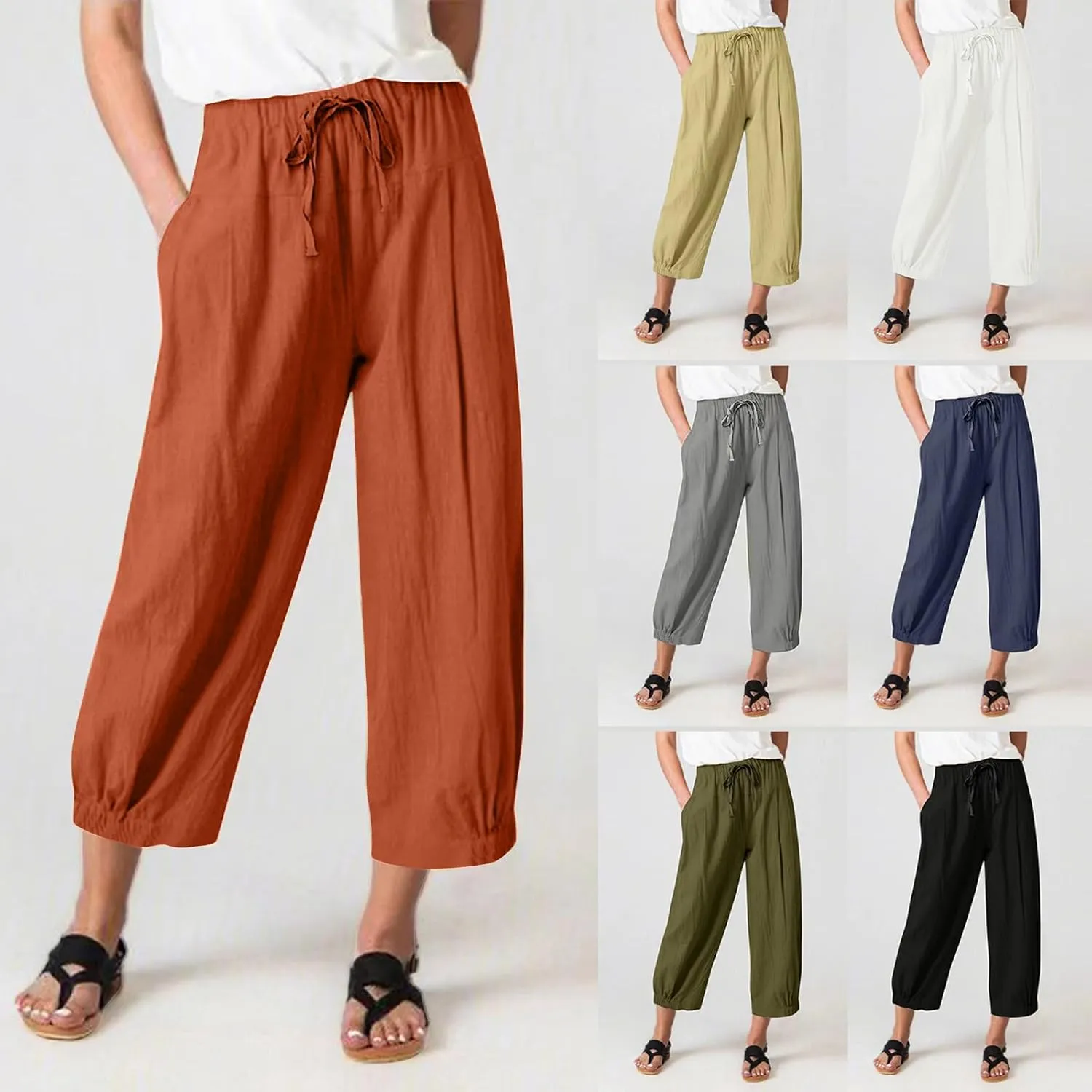 TBA Women's Casual Pants Summer Wide Leg Capris Drawstring Elastic High Waist Cotton Cropped Trousers with Pockets