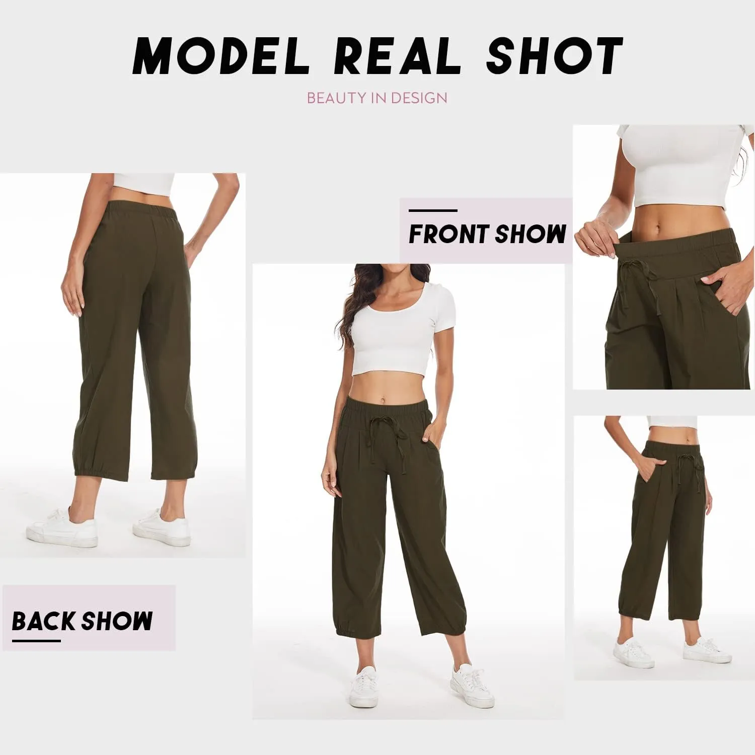 TBA Women's Casual Pants Summer Wide Leg Capris Drawstring Elastic High Waist Cotton Cropped Trousers with Pockets