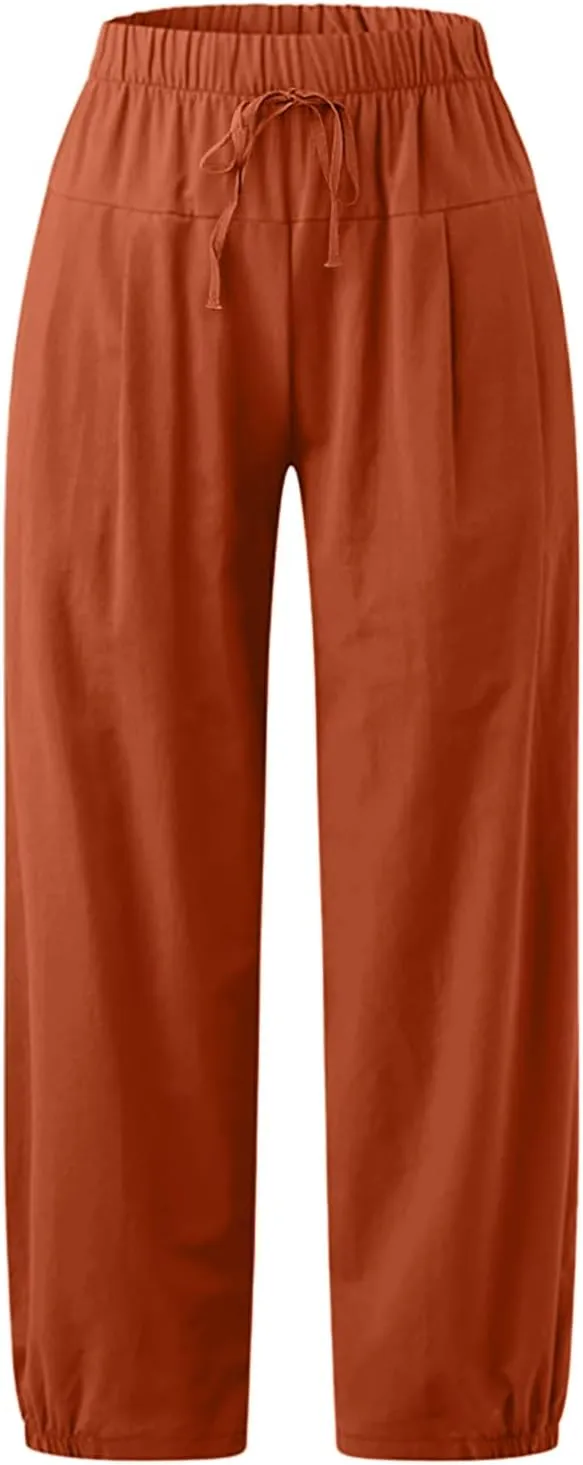 TBA Women's Casual Pants Summer Wide Leg Capris Drawstring Elastic High Waist Cotton Cropped Trousers with Pockets