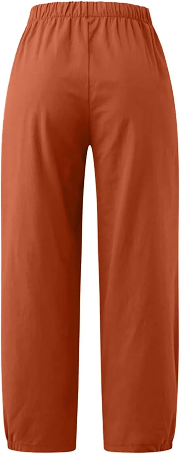 TBA Women's Casual Pants Summer Wide Leg Capris Drawstring Elastic High Waist Cotton Cropped Trousers with Pockets