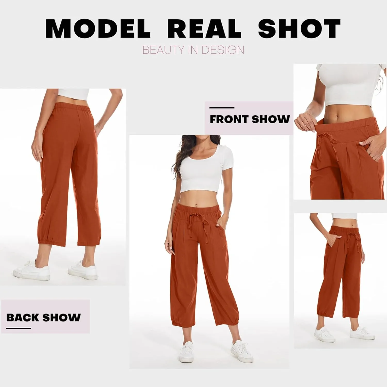 TBA Women's Casual Pants Summer Wide Leg Capris Drawstring Elastic High Waist Cotton Cropped Trousers with Pockets