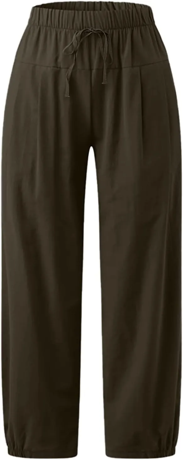 TBA Women's Casual Pants Summer Wide Leg Capris Drawstring Elastic High Waist Cotton Cropped Trousers with Pockets