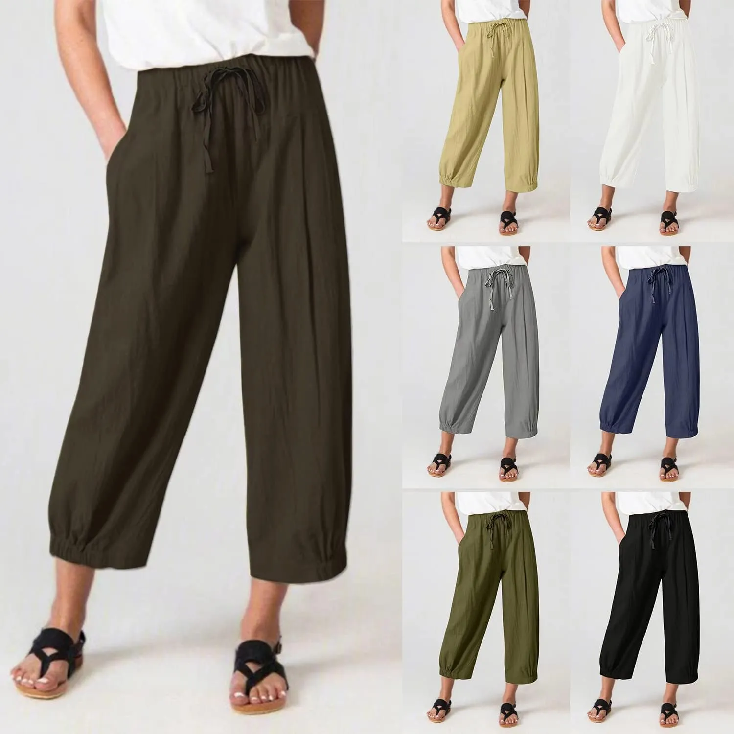 TBA Women's Casual Pants Summer Wide Leg Capris Drawstring Elastic High Waist Cotton Cropped Trousers with Pockets