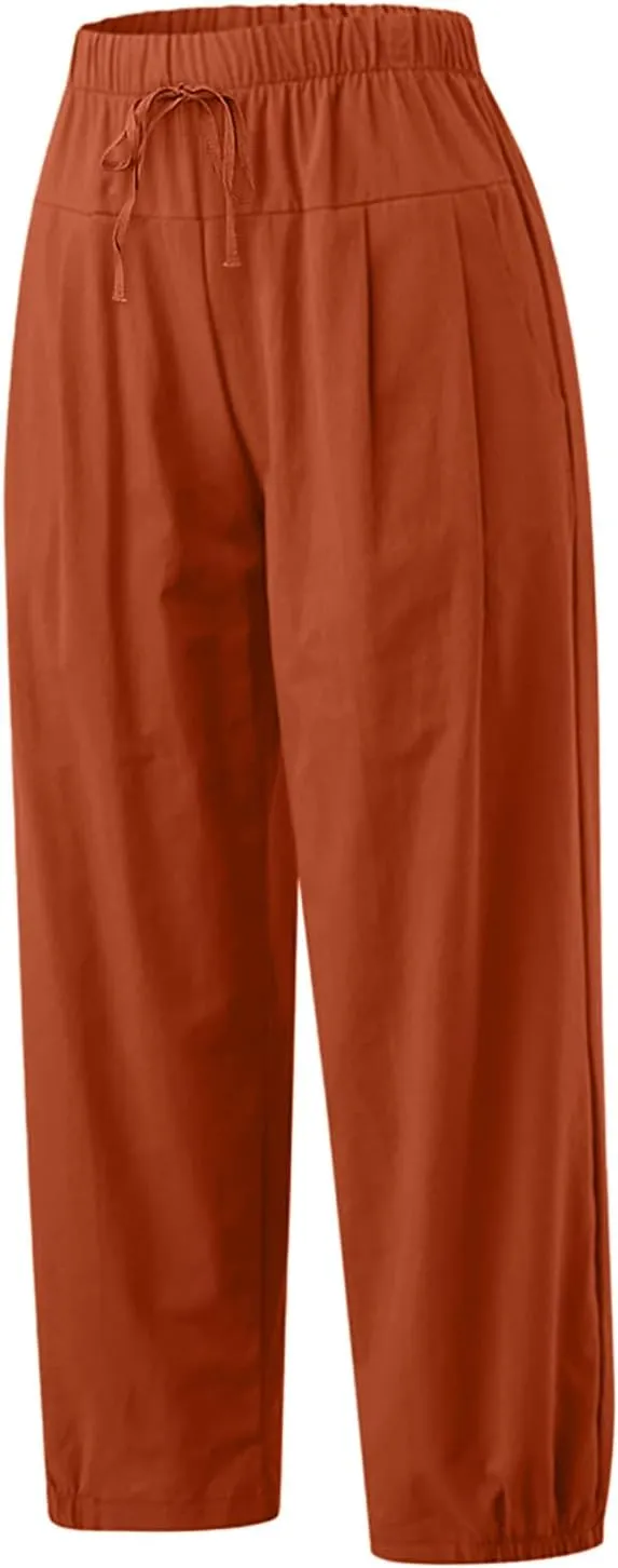TBA Women's Casual Pants Summer Wide Leg Capris Drawstring Elastic High Waist Cotton Cropped Trousers with Pockets