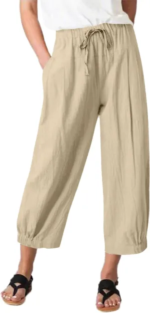 TBA Women's Casual Pants Wide Leg Drawstring Capris Pants with Pockets Khaki