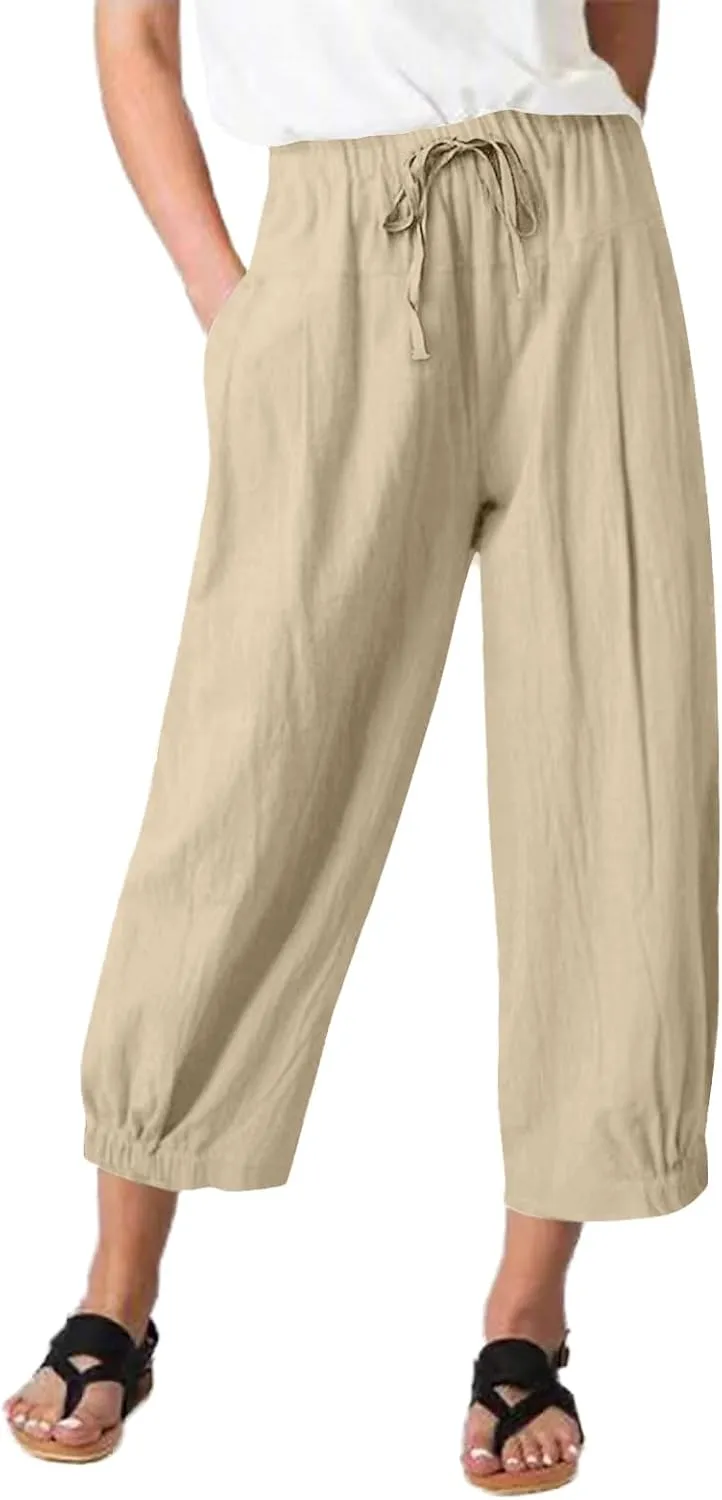 TBA Women's Casual Pants Wide Leg Drawstring Capris Pants with Pockets Khaki