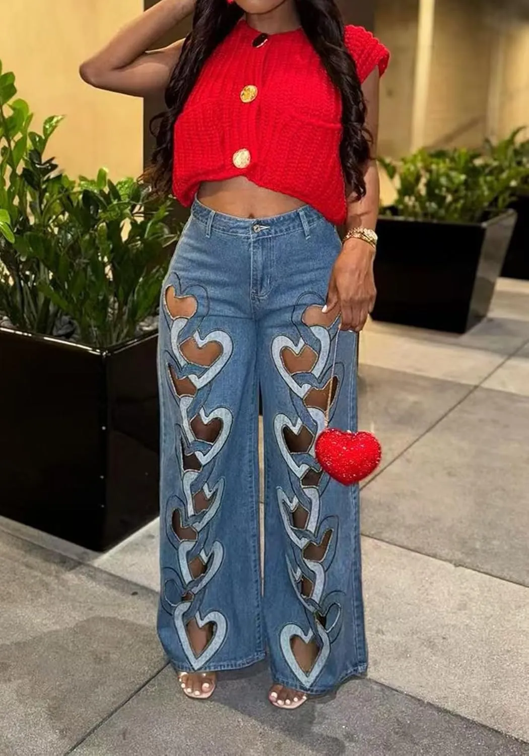 Tcremisa Womens Sexy Heart Hollow Out Ripped Jeans Stretch High Waist Straight Wide Leg Cut Out Baggy Denim Pants