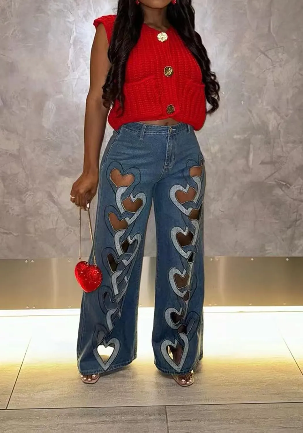 Tcremisa Womens Sexy Heart Hollow Out Ripped Jeans Stretch High Waist Straight Wide Leg Cut Out Baggy Denim Pants