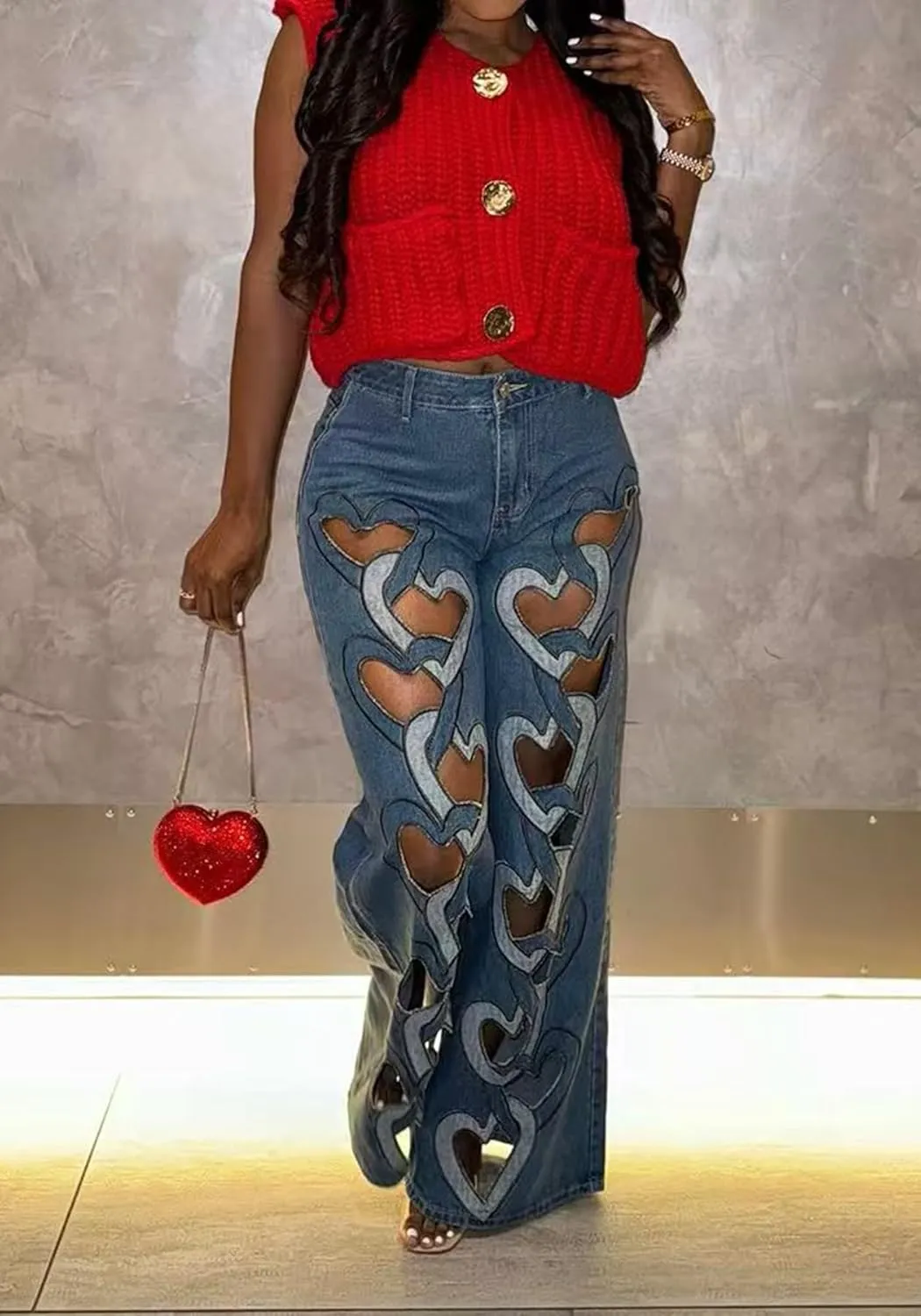 Tcremisa Womens Sexy Heart Hollow Out Ripped Jeans Stretch High Waist Straight Wide Leg Cut Out Baggy Denim Pants