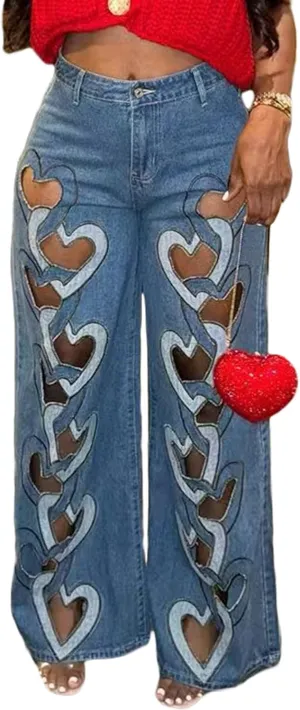 Tcremisa Womens Sexy Heart Hollow Out Ripped Jeans Stretch High Waist Straight Wide Leg Cut Out Baggy Denim Pants