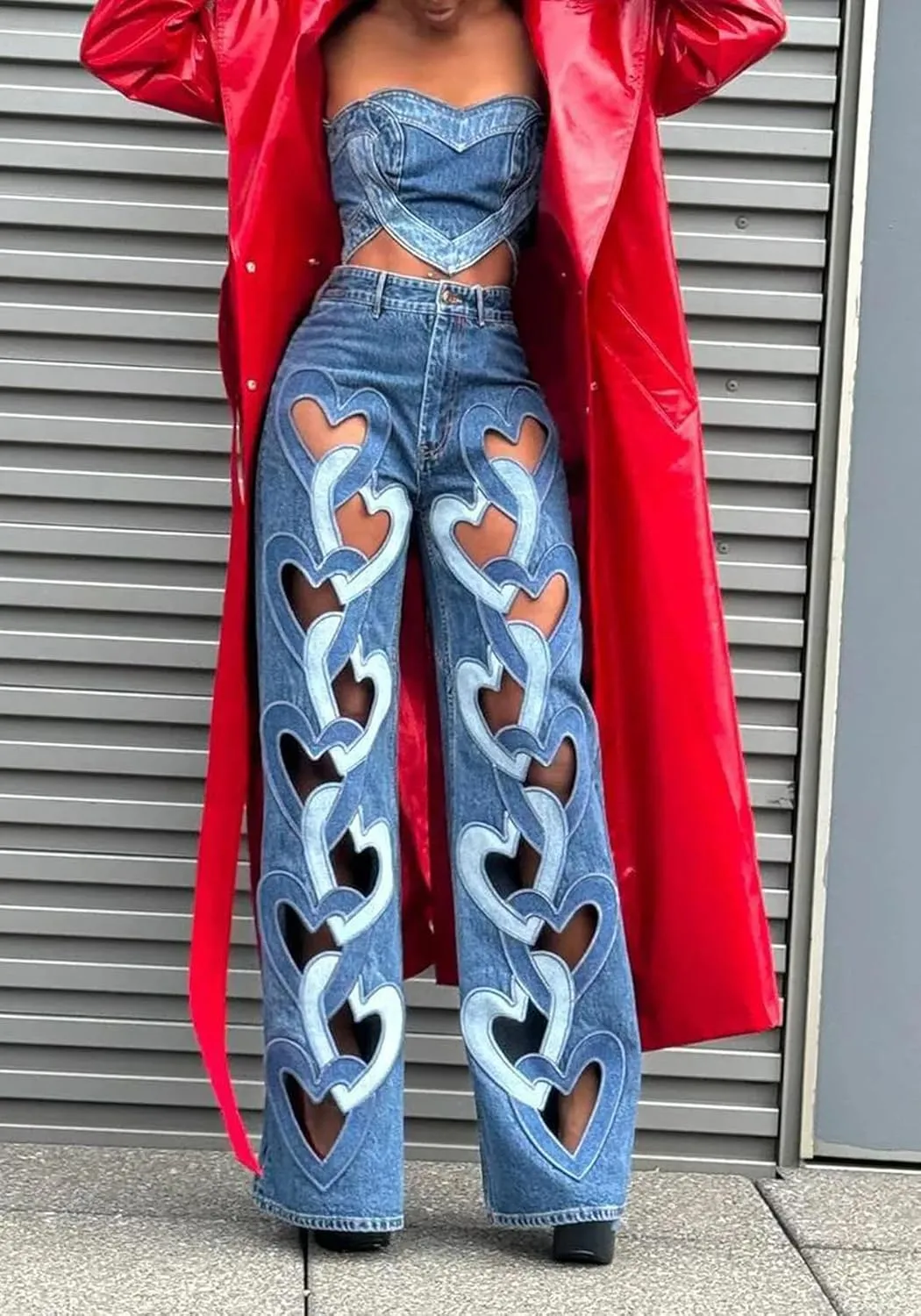 Tcremisa Womens Sexy Heart Hollow Out Ripped Jeans Stretch High Waist Straight Wide Leg Cut Out Baggy Denim Pants