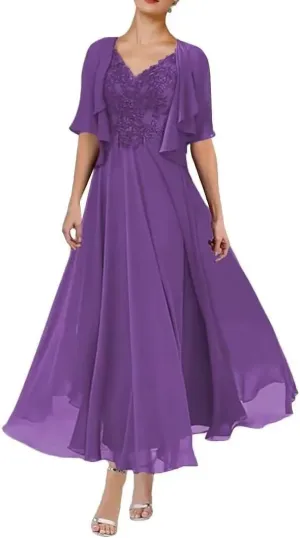 Tea Length Plus Size Mother of The Groom Dresses with Jacket Chiffon 2 Piece V Neck Lace Evening Gown Purple