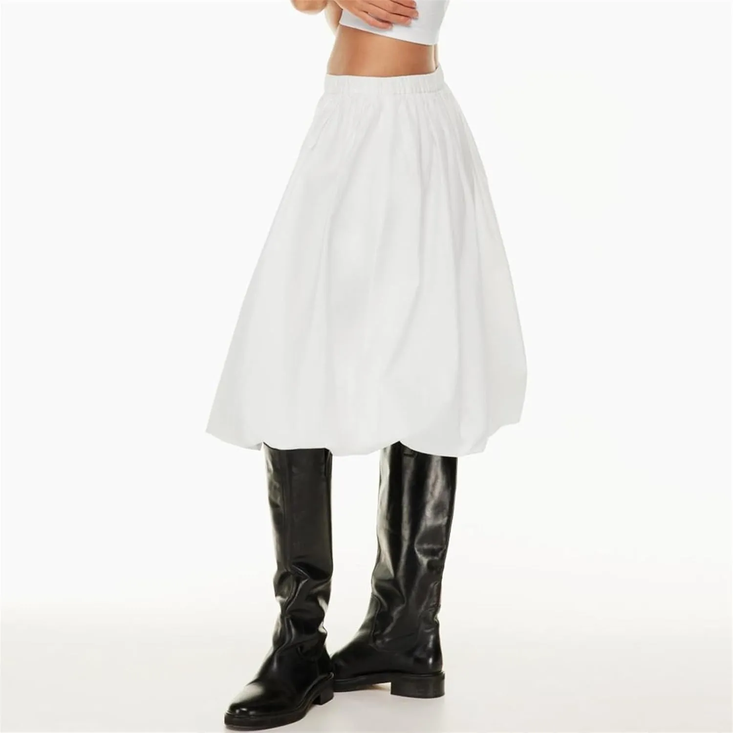 Tenopuli Women Elastic Waist Bubble Midi Skirt Solid Color High Waist Puffy A Line Skirt Casual Baggy Pleated Mid Skirt