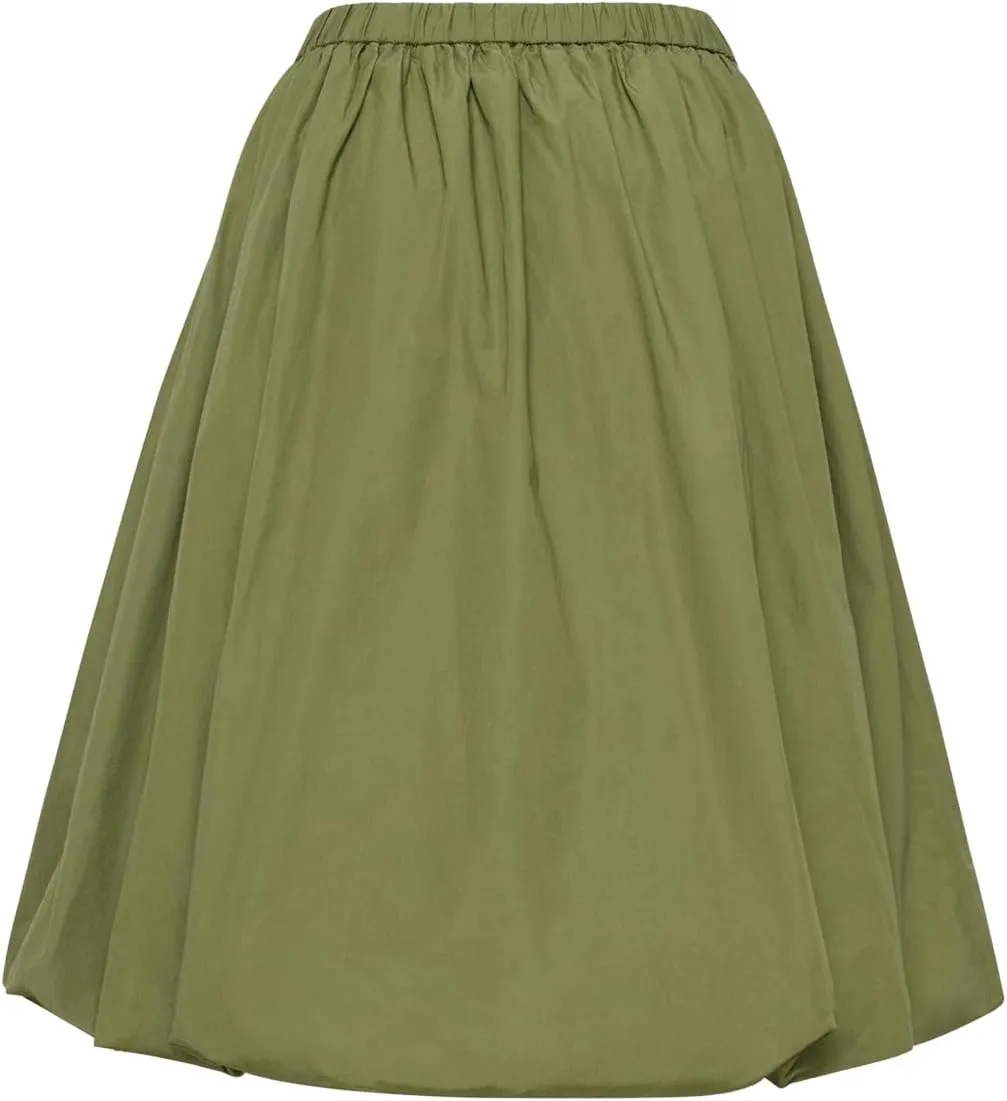 Tenopuli Women Elastic Waist Bubble Midi Skirt Solid Color High Waist Puffy A Line Skirt Casual Baggy Pleated Mid Skirt
