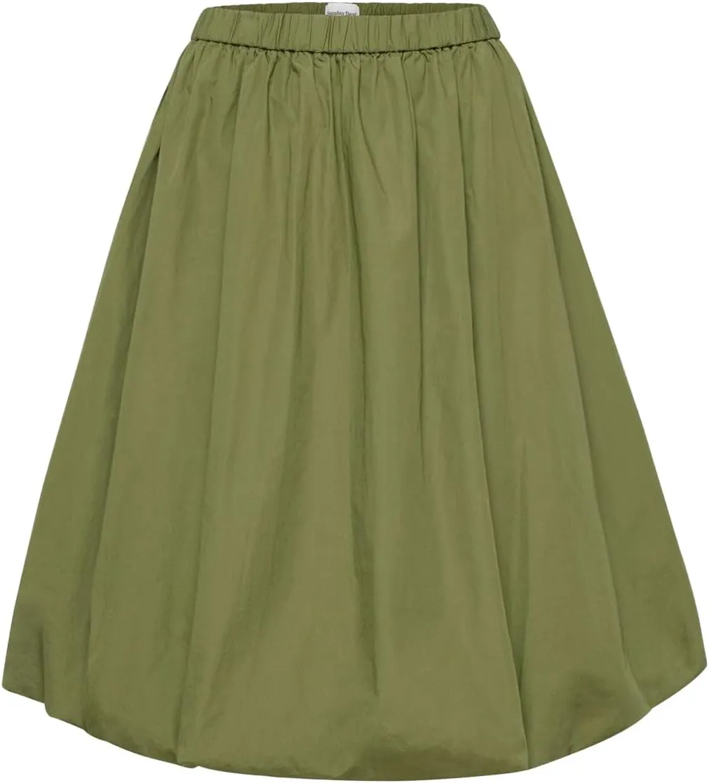 Tenopuli Women Elastic Waist Bubble Midi Skirt Solid Color High Waist Puffy A Line Skirt Casual Baggy Pleated Mid Skirt