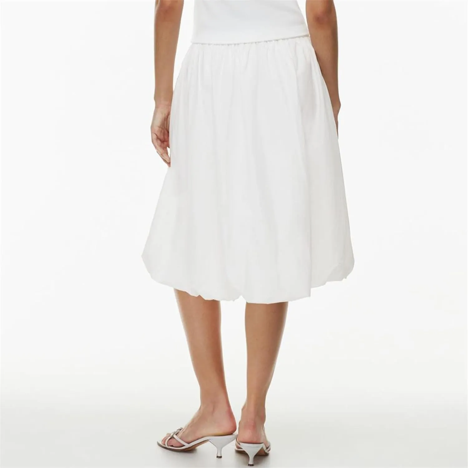 Tenopuli Women Elastic Waist Bubble Midi Skirt Solid Color High Waist Puffy A Line Skirt Casual Baggy Pleated Mid Skirt
