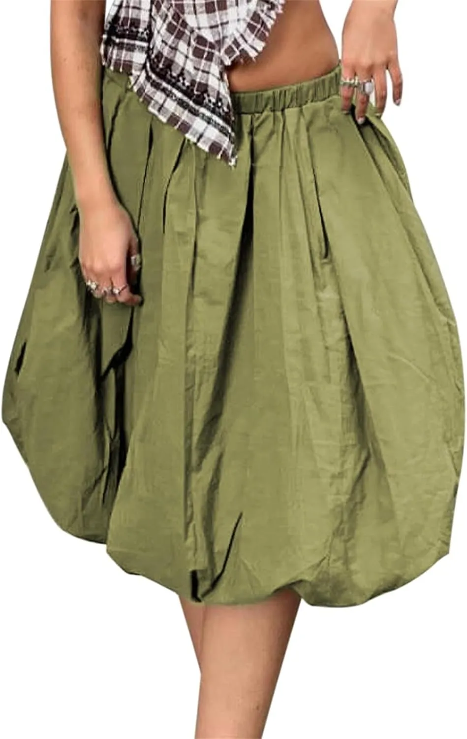 Tenopuli Women Elastic Waist Bubble Midi Skirt Solid Color High Waist Puffy A Line Skirt Casual Baggy Pleated Mid Skirt