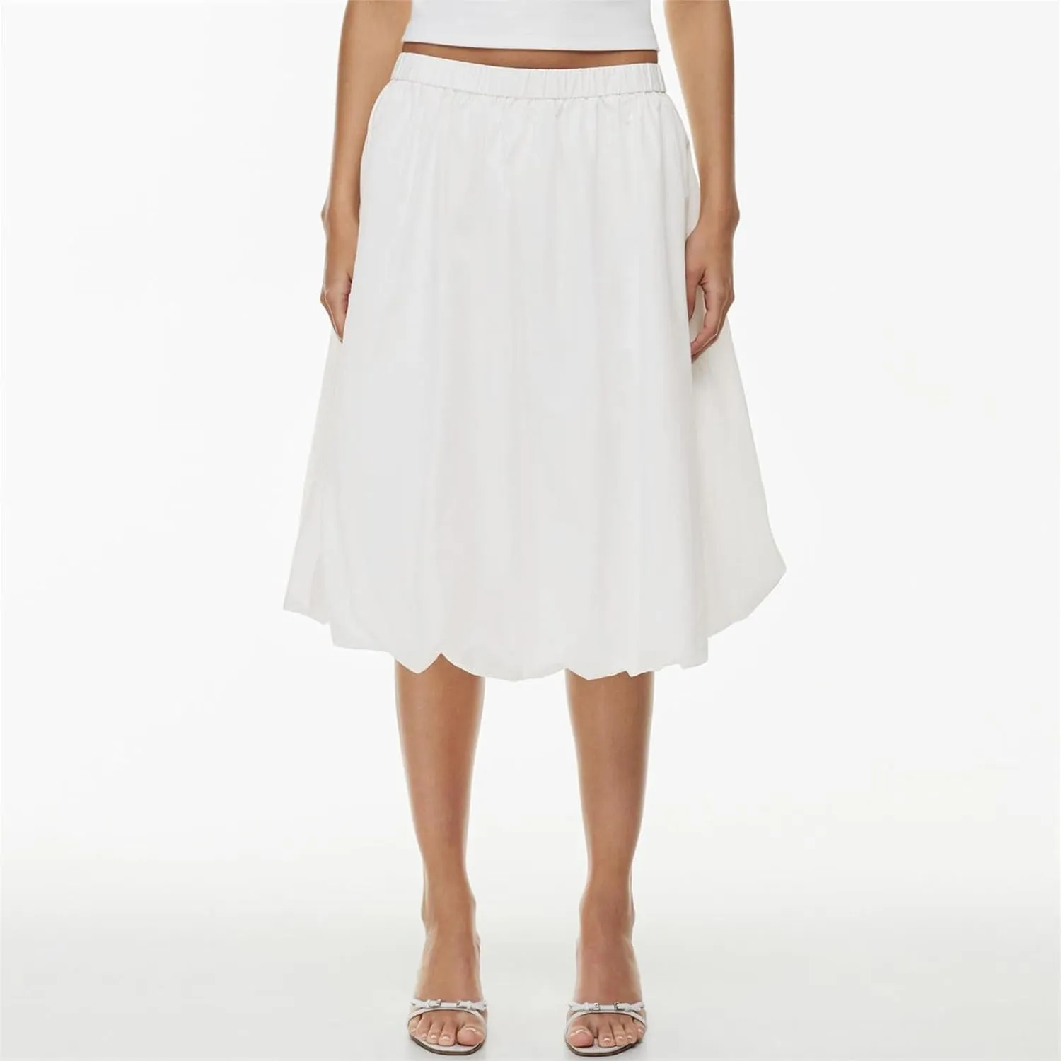 Tenopuli Women Elastic Waist Bubble Midi Skirt Solid Color High Waist Puffy A Line Skirt Casual Baggy Pleated Mid Skirt