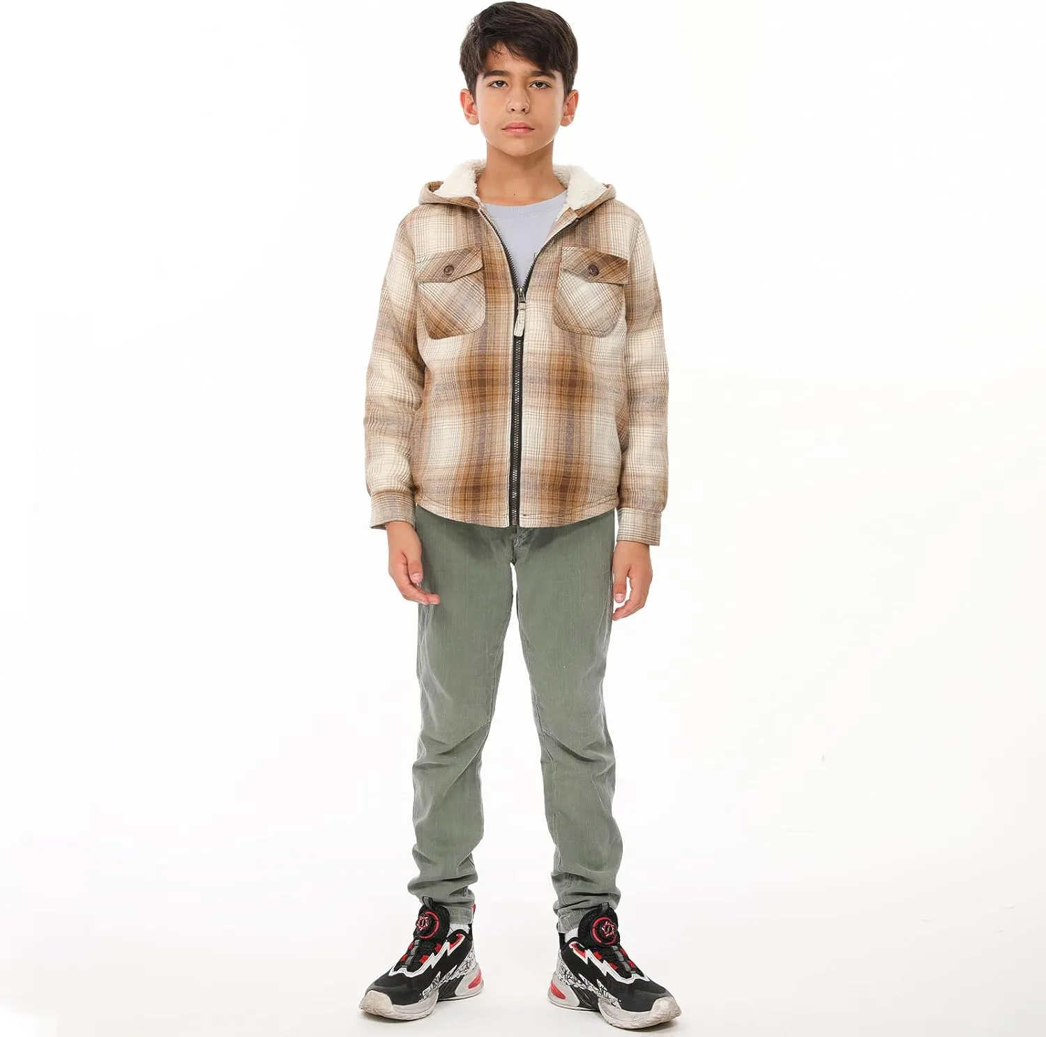 ThCreasa Boys Plaid Flannel Jackets Sherpa Lined Zip Up Long Sleeve Warm Flannel Shirt with Hood