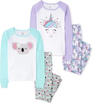 The Children's Place girls Long Sleeve Top and Pants Pajama Set Unicorn/Koala 2 pack Kids - PJ set 14