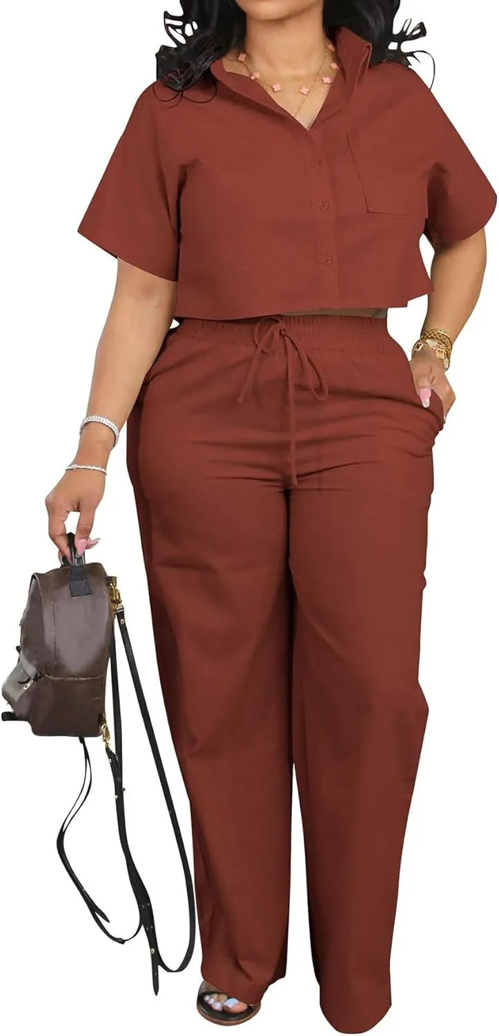 ThusFar Women Linen 2 Piece Outfits Short Sleeve Button Down Crop Top Drawstring Long Pants Suit Summer Work Lounge Set
