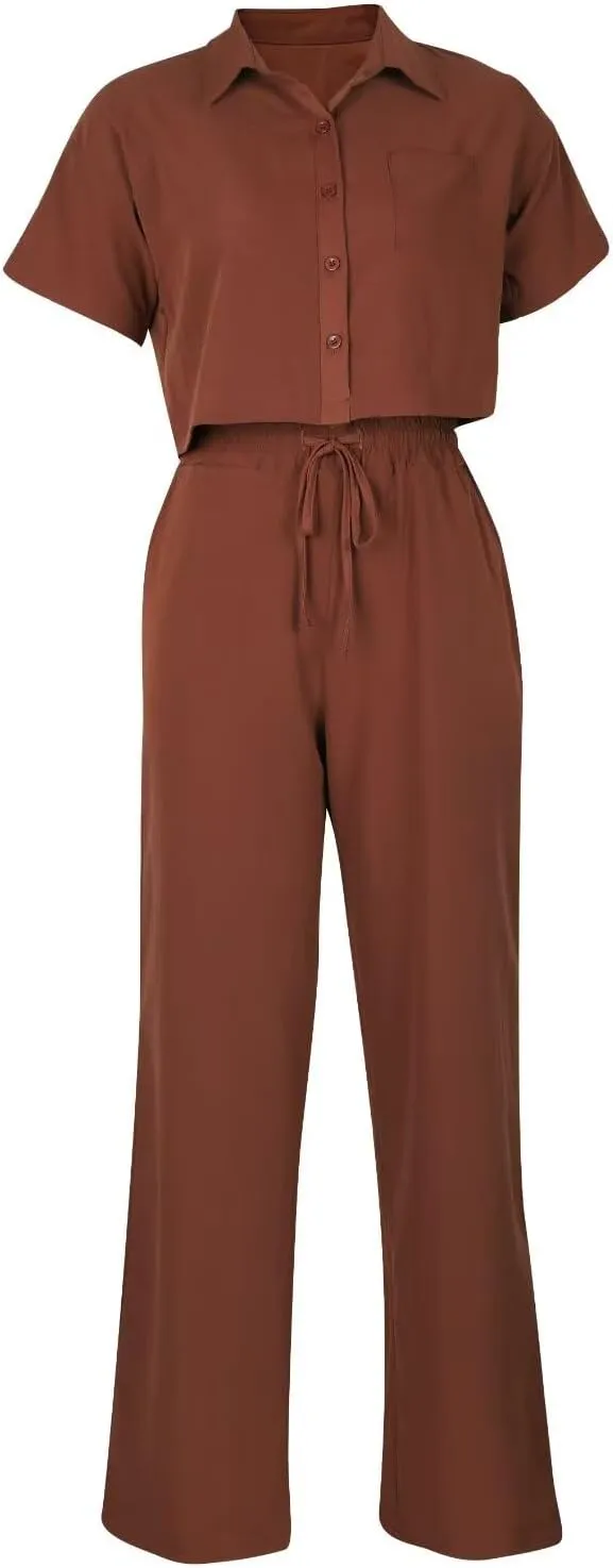 ThusFar Women Linen 2 Piece Outfits Short Sleeve Button Down Crop Top Drawstring Long Pants Suit Summer Work Lounge Set