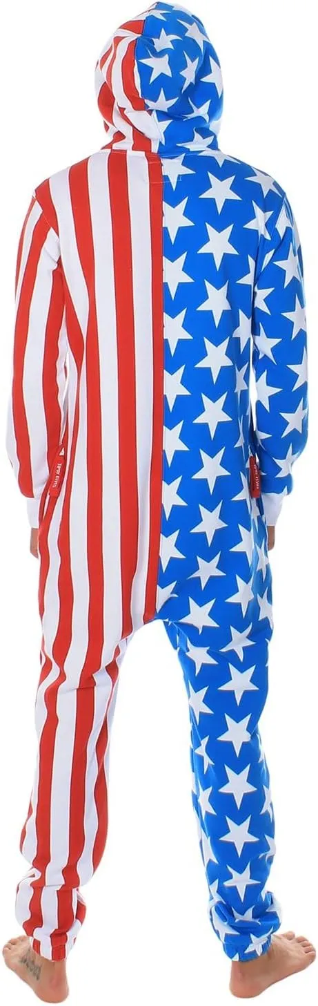 Tipsy Elves American Flag Jumpsuits for Adults - Comfy Unisex Patriotic Onesies with Convenient Pockets and Full Zip
