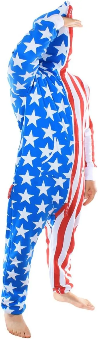 Tipsy Elves American Flag Jumpsuits for Adults - Comfy Unisex Patriotic Onesies with Convenient Pockets and Full Zip