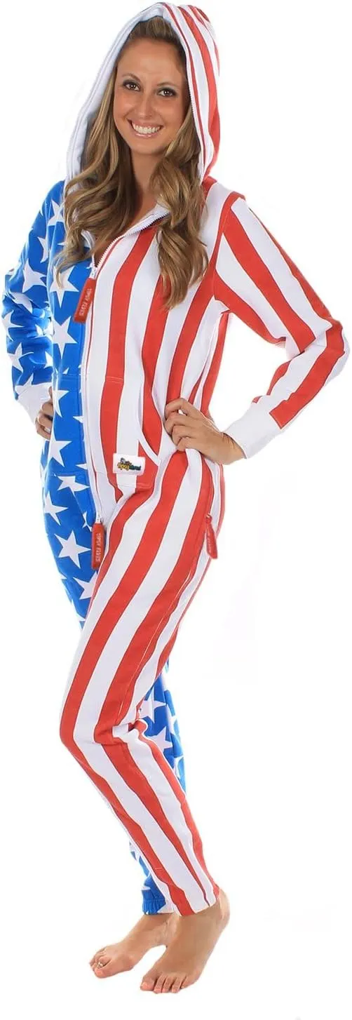 Tipsy Elves American Flag Jumpsuits for Adults - Comfy Unisex Patriotic Onesies with Convenient Pockets and Full Zip
