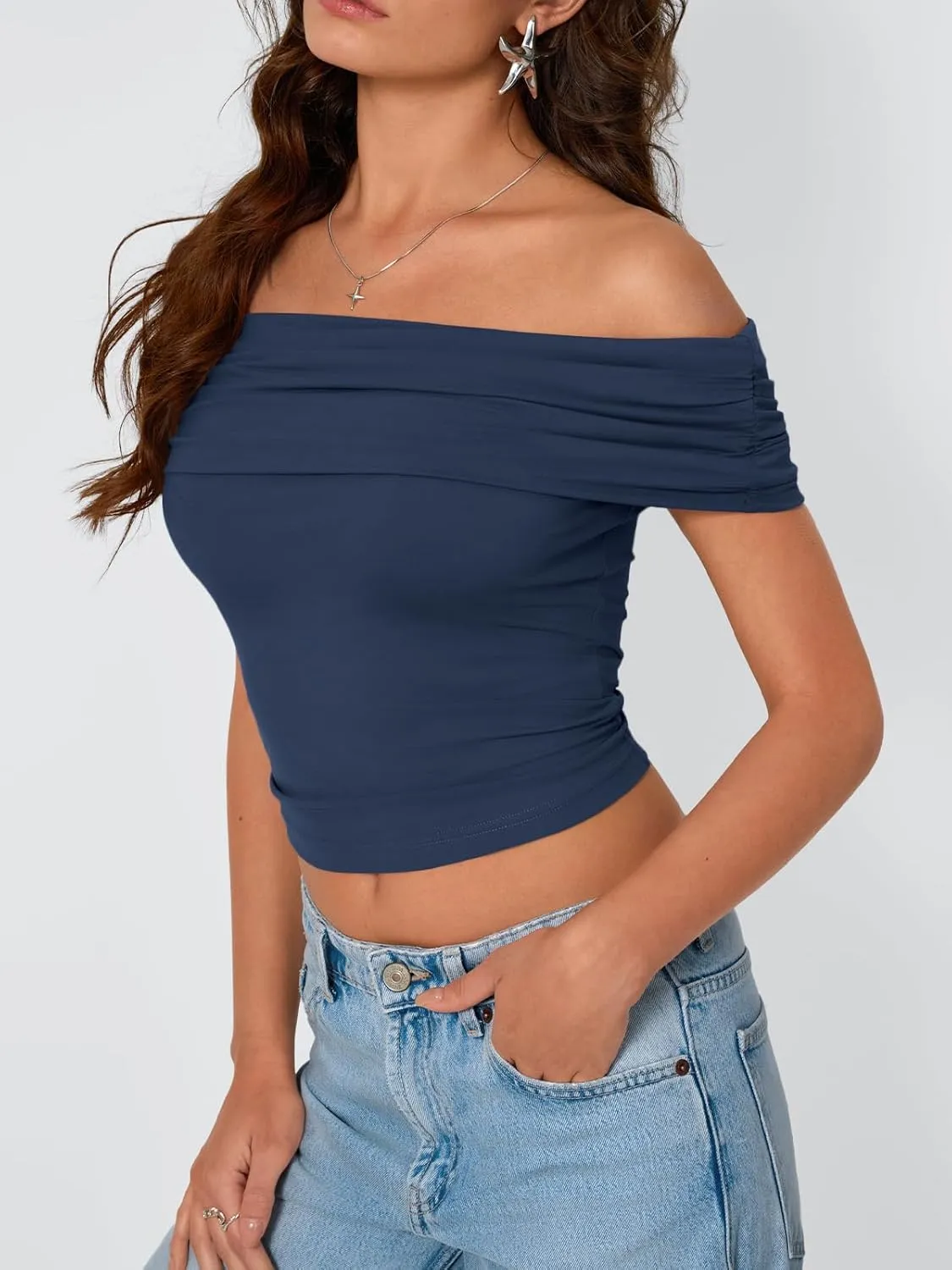Trendy Queen Womens Off The Shoulder Tops Going Out Crop Summer Cute Y2k Shirts Tube Corset Basic Fashion Outfits 2025