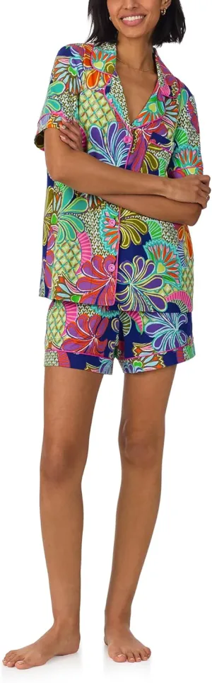 Trina Turk Womens Short Sleeve Notch Collar & Shorts Sleepwear Pajama Set, Organic Cotton