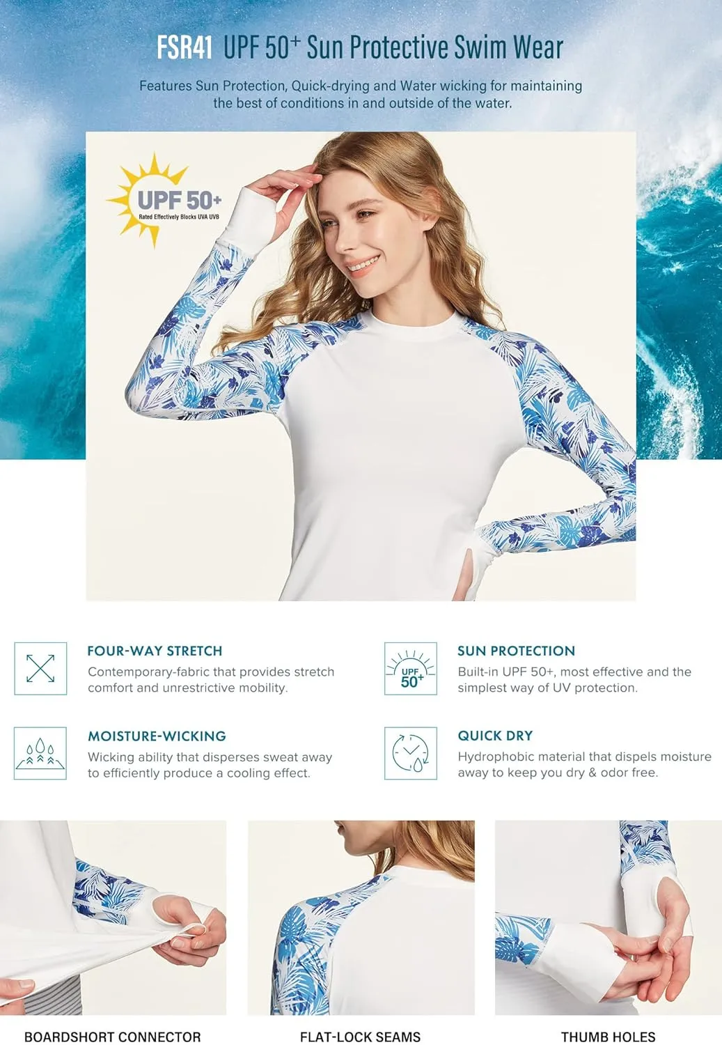 TSLA Women's UPF 50  Rash Guard Long Sleeve, UV/Sun Protection Swim Shirts, Water Beach Surf Swim Top