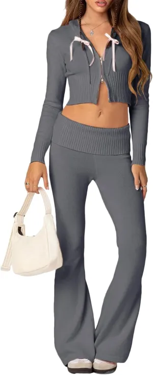 UAURORAO Women Ribbed Knit 2 Piece Outfits Long Sleeve Zip Up Fitted Hooded Crop Tops High Waist Pants Sets Loungewear
